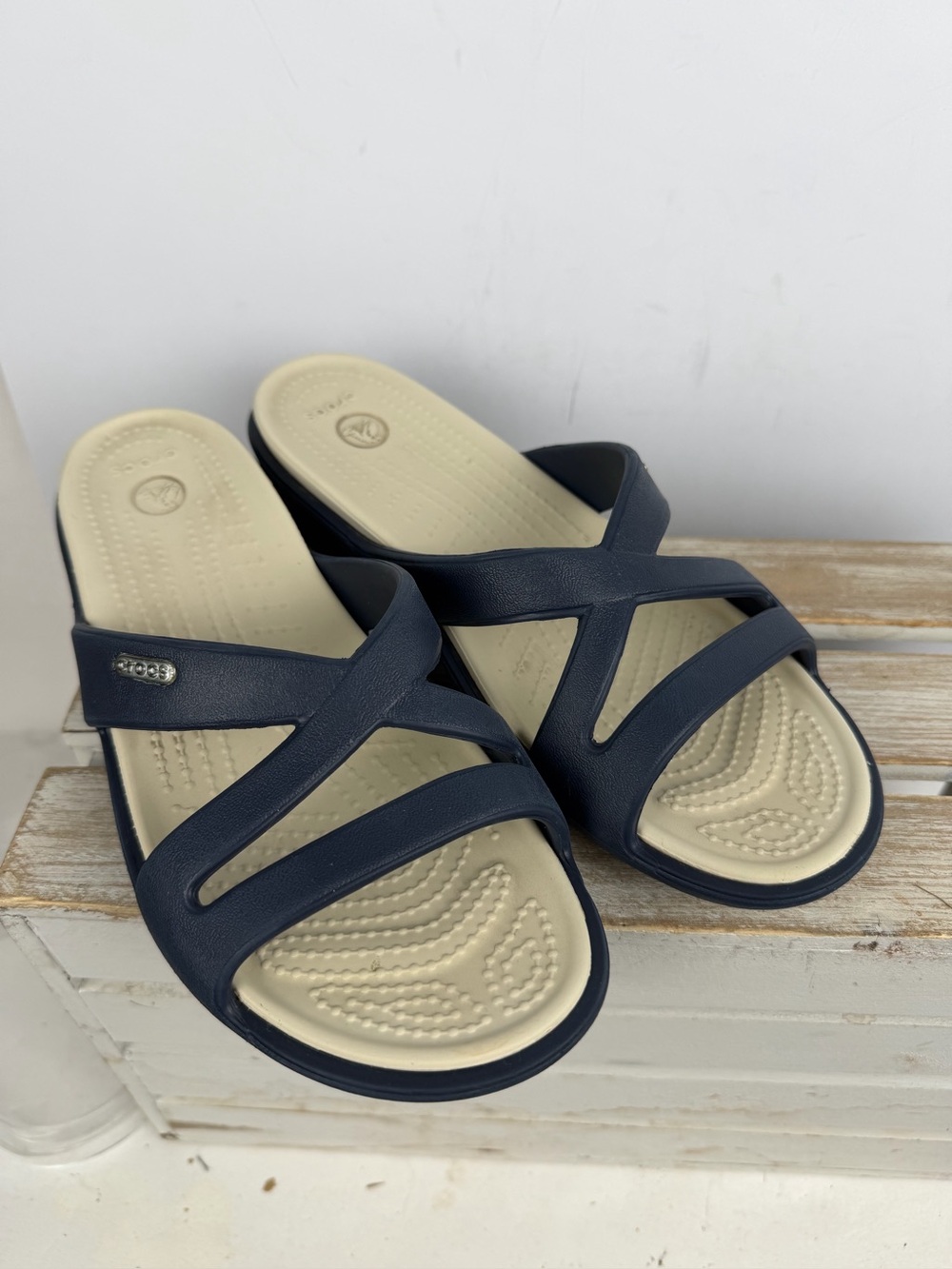 Crocs Patricia Wedge blue & cream Sandals comfortable crisscross strap design 8